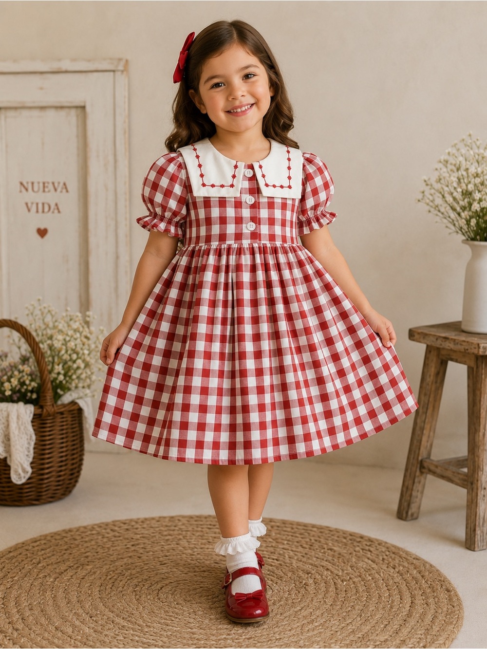 SHEIN Red and White Gingham Peter Pan Collar Dress for Kids